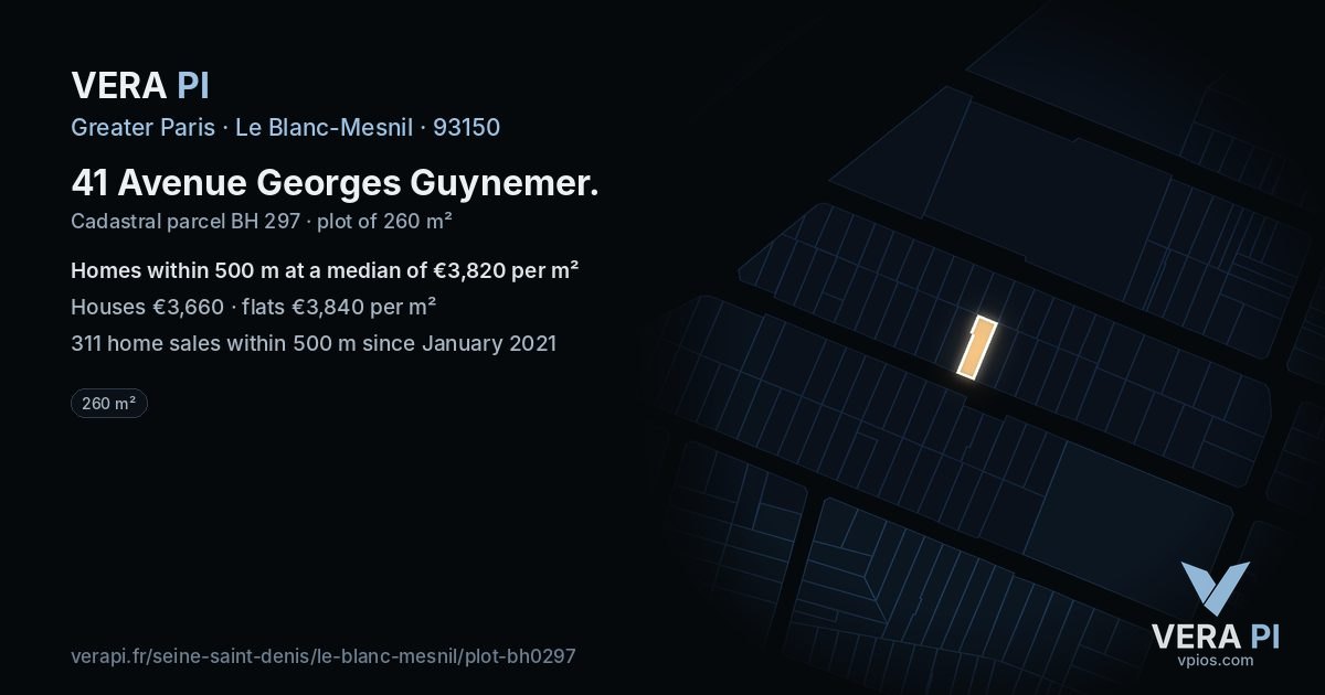 41 Avenue Georges Guynemer, Le Blanc-Mesnil at night – the plot lit, the parcels around coloured by the prices near them