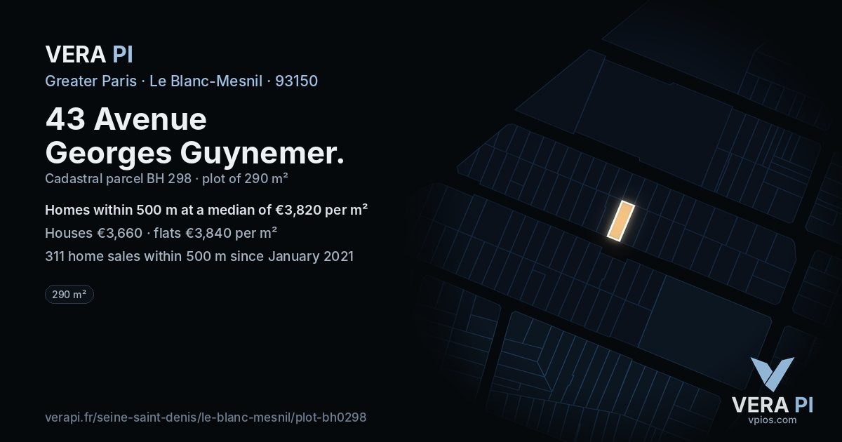 43 Avenue Georges Guynemer, Le Blanc-Mesnil at night – the plot lit, the parcels around coloured by the prices near them