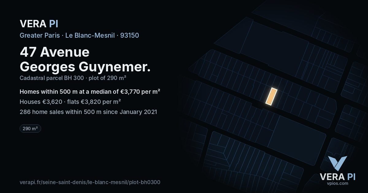 47 Avenue Georges Guynemer, Le Blanc-Mesnil at night – the plot lit, the parcels around coloured by the prices near them