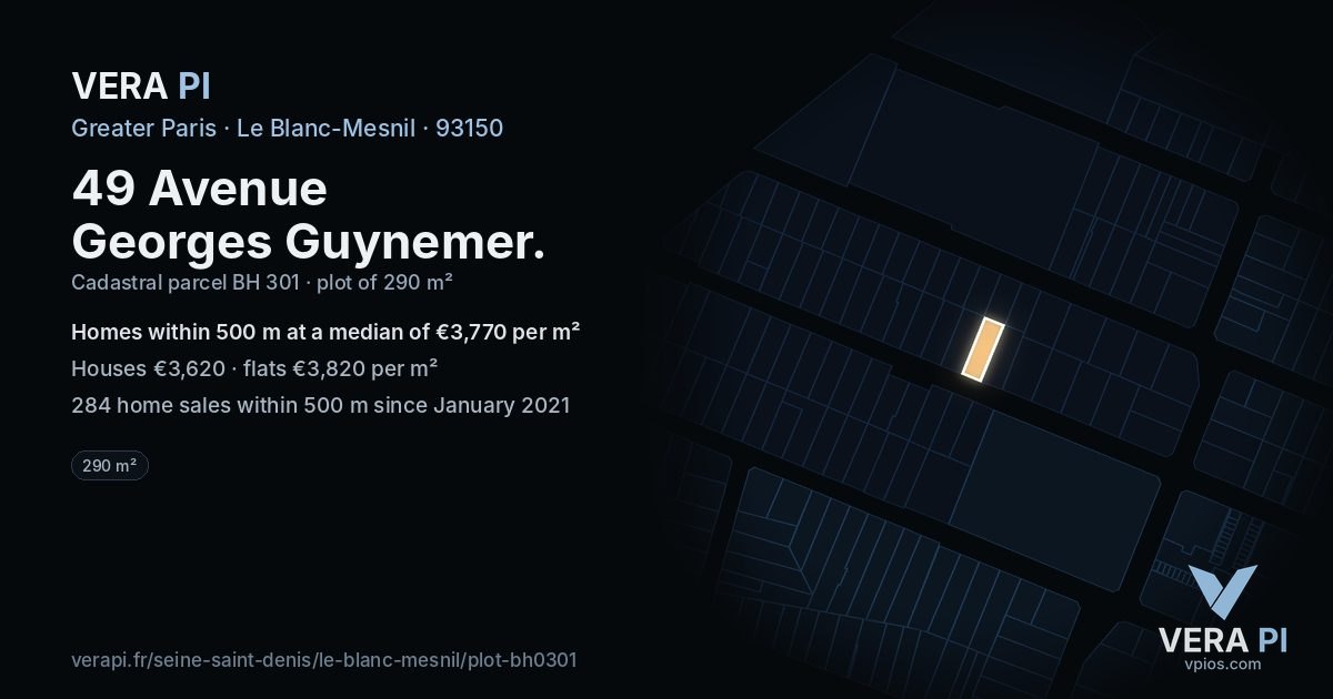 49 Avenue Georges Guynemer, Le Blanc-Mesnil at night – the plot lit, the parcels around coloured by the prices near them