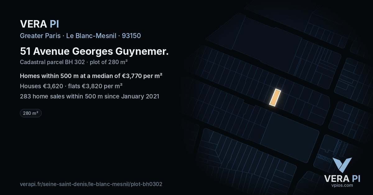 51 Avenue Georges Guynemer, Le Blanc-Mesnil at night – the plot lit, the parcels around coloured by the prices near them