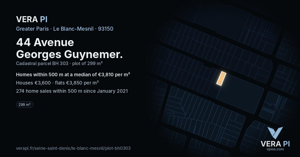 44 Avenue Georges Guynemer, Le Blanc-Mesnil at night – the plot lit, the parcels around coloured by the prices near them