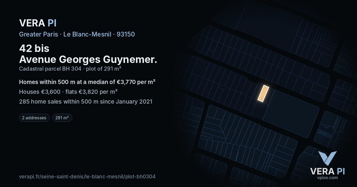 42 bis Avenue Georges Guynemer, Le Blanc-Mesnil at night – the plot lit, the parcels around coloured by the prices near them