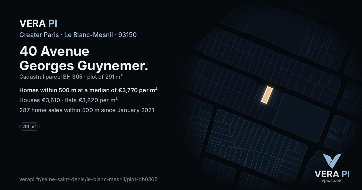 40 Avenue Georges Guynemer, Le Blanc-Mesnil at night – the plot lit, the parcels around coloured by the prices near them