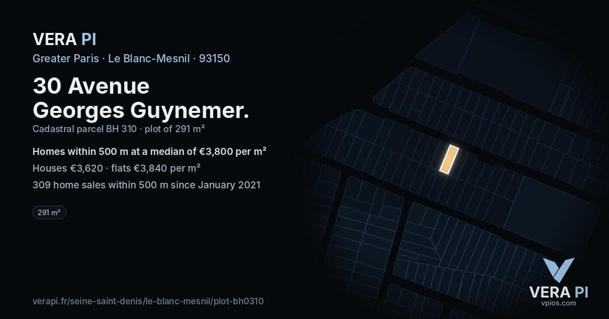 30 Avenue Georges Guynemer, Le Blanc-Mesnil at night – the plot lit, the parcels around coloured by the prices near them