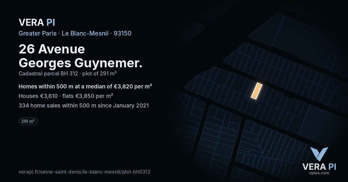 26 Avenue Georges Guynemer, Le Blanc-Mesnil at night – the plot lit, the parcels around coloured by the prices near them