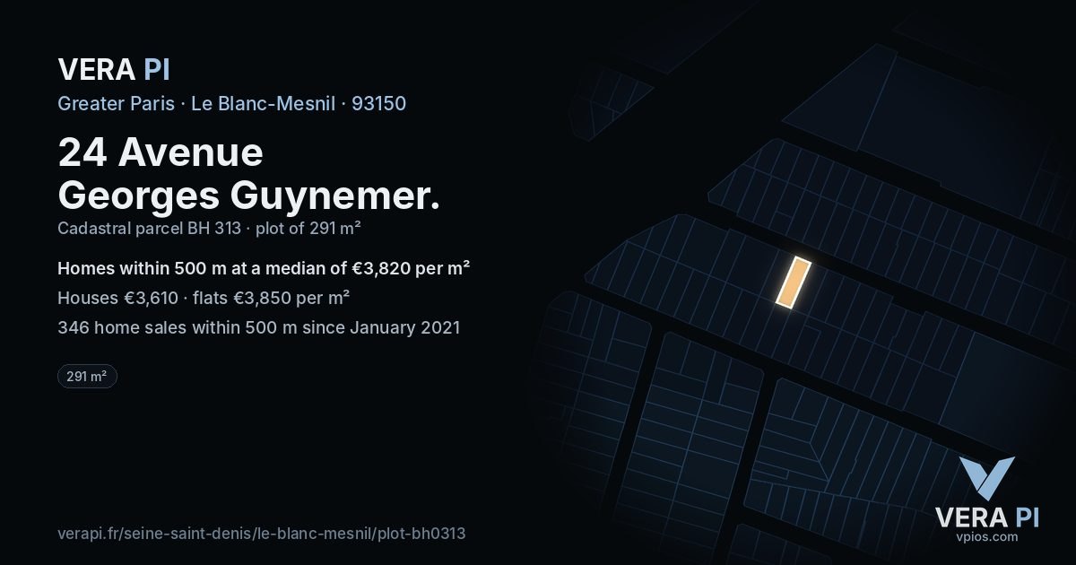 24 Avenue Georges Guynemer, Le Blanc-Mesnil at night – the plot lit, the parcels around coloured by the prices near them