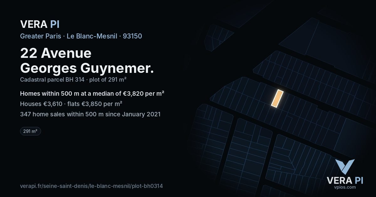 22 Avenue Georges Guynemer, Le Blanc-Mesnil at night – the plot lit, the parcels around coloured by the prices near them