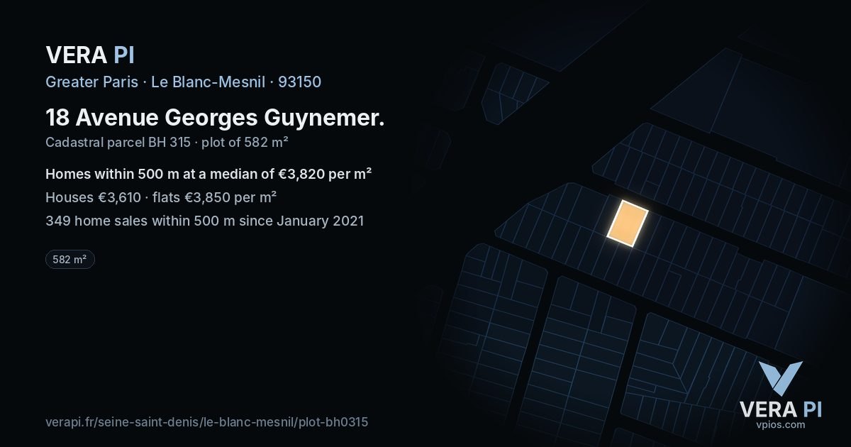 18 Avenue Georges Guynemer, Le Blanc-Mesnil at night – the plot lit, the parcels around coloured by the prices near them