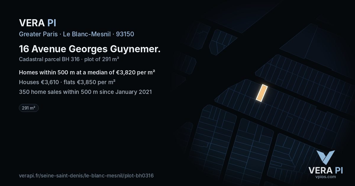 16 Avenue Georges Guynemer, Le Blanc-Mesnil at night – the plot lit, the parcels around coloured by the prices near them