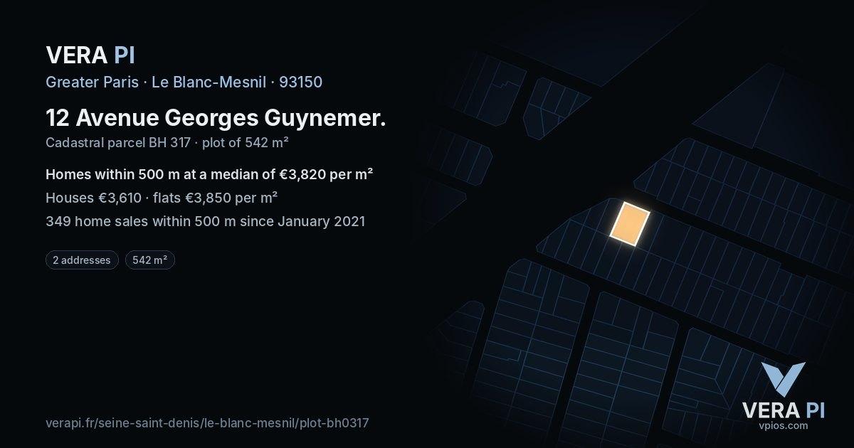 12 Avenue Georges Guynemer, Le Blanc-Mesnil at night – the plot lit, the parcels around coloured by the prices near them