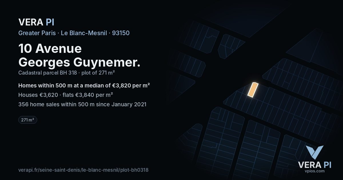 10 Avenue Georges Guynemer, Le Blanc-Mesnil at night – the plot lit, the parcels around coloured by the prices near them