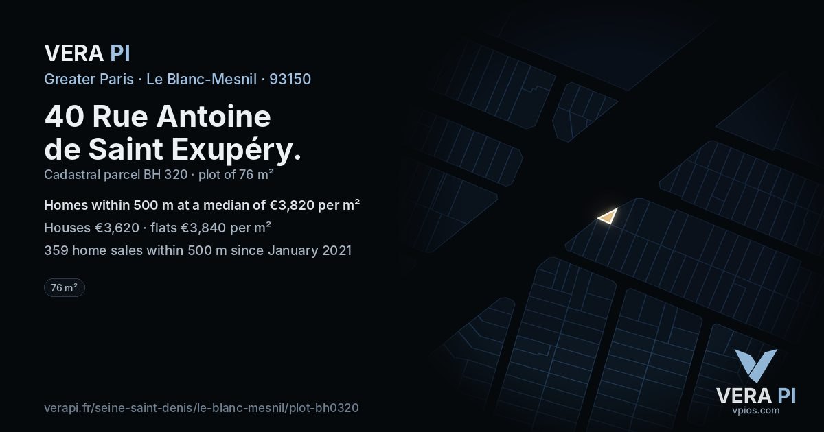 40 Rue Antoine de Saint Exupéry, Le Blanc-Mesnil at night – the plot lit, the parcels around coloured by the prices near them