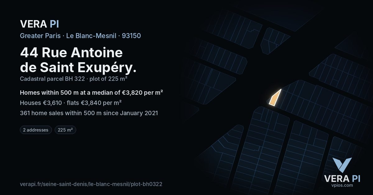 44 Rue Antoine de Saint Exupéry, Le Blanc-Mesnil at night – the plot lit, the parcels around coloured by the prices near them