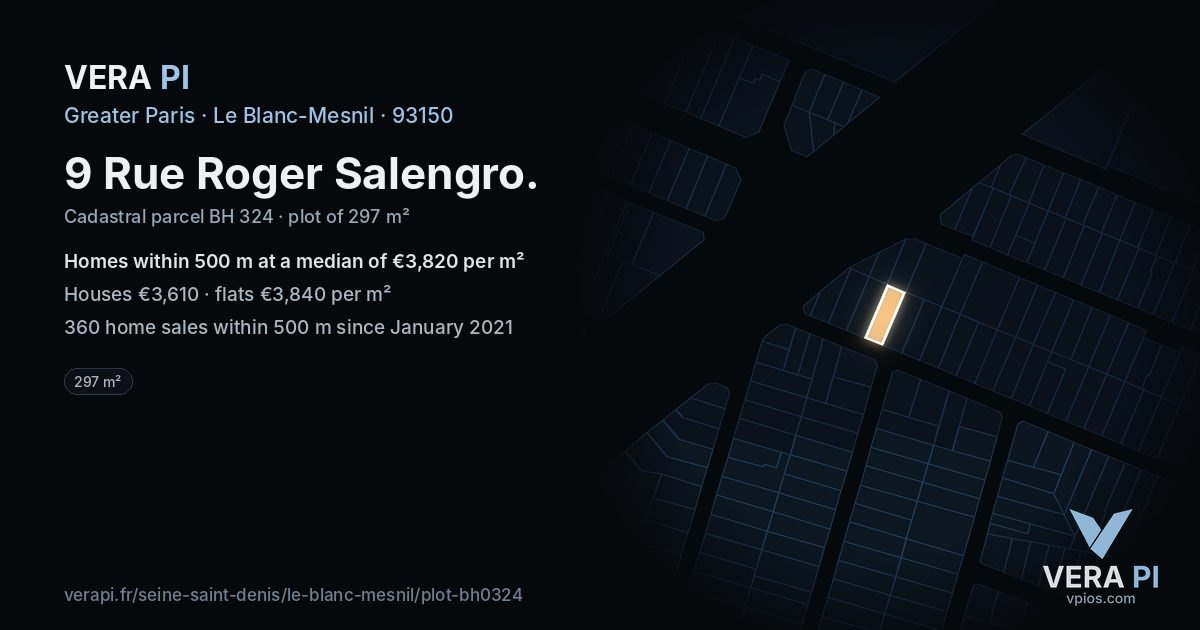 9 Rue Roger Salengro, Le Blanc-Mesnil at night – the plot lit, the parcels around coloured by the prices near them
