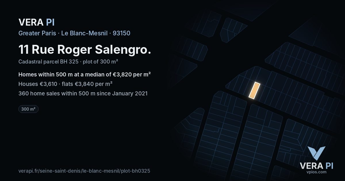 11 Rue Roger Salengro, Le Blanc-Mesnil at night – the plot lit, the parcels around coloured by the prices near them