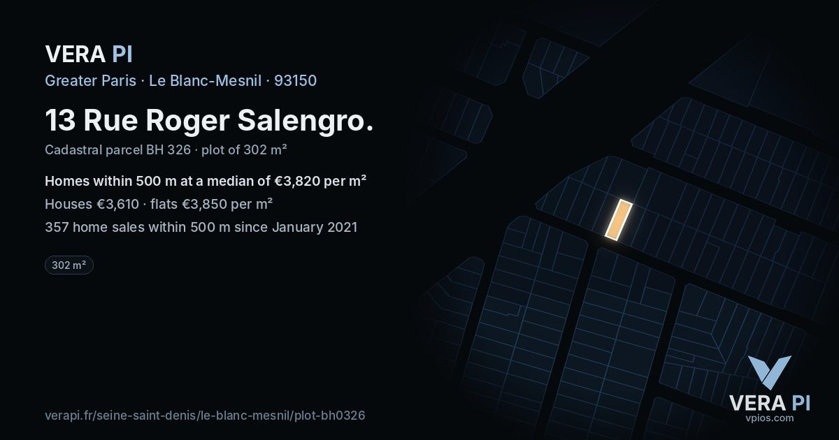 13 Rue Roger Salengro, Le Blanc-Mesnil at night – the plot lit, the parcels around coloured by the prices near them