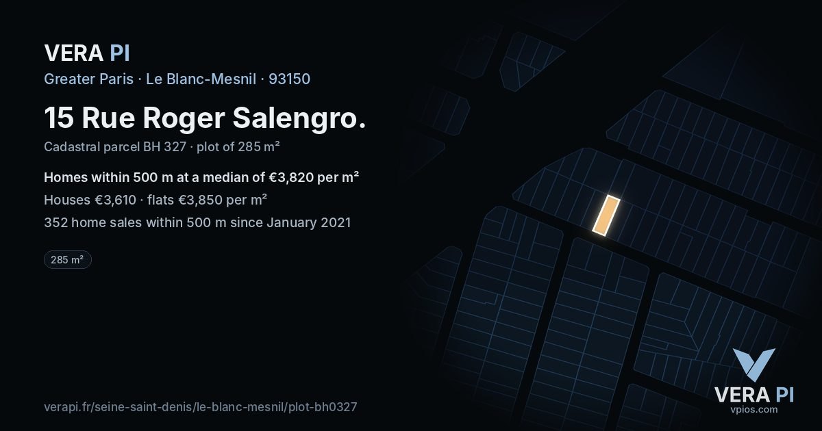 15 Rue Roger Salengro, Le Blanc-Mesnil at night – the plot lit, the parcels around coloured by the prices near them