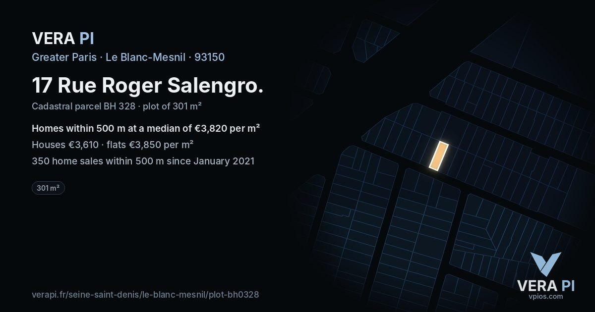 17 Rue Roger Salengro, Le Blanc-Mesnil at night – the plot lit, the parcels around coloured by the prices near them