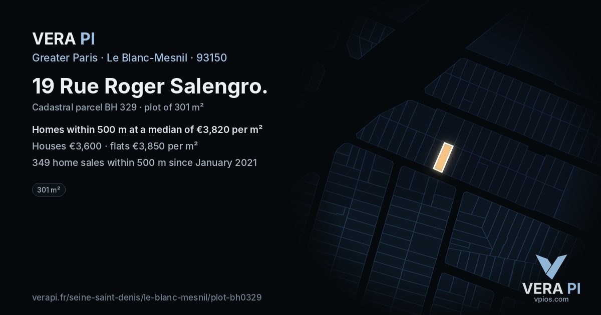 19 Rue Roger Salengro, Le Blanc-Mesnil at night – the plot lit, the parcels around coloured by the prices near them