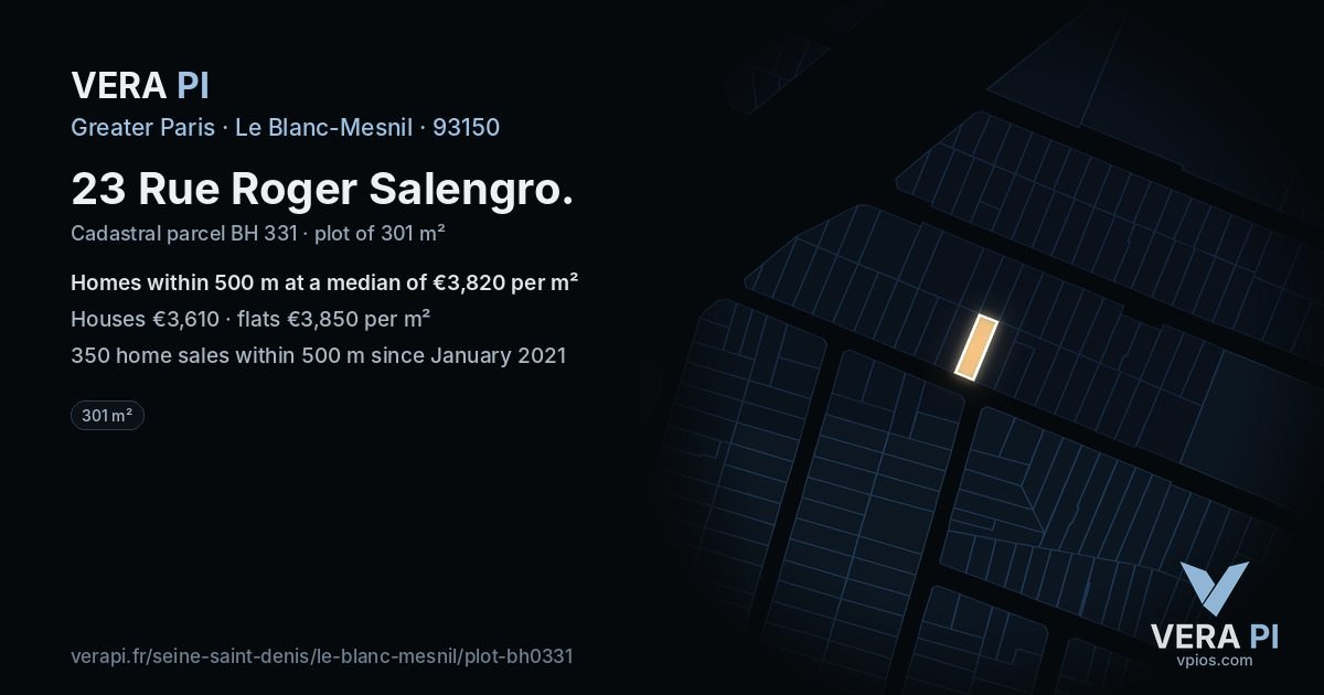 23 Rue Roger Salengro, Le Blanc-Mesnil at night – the plot lit, the parcels around coloured by the prices near them