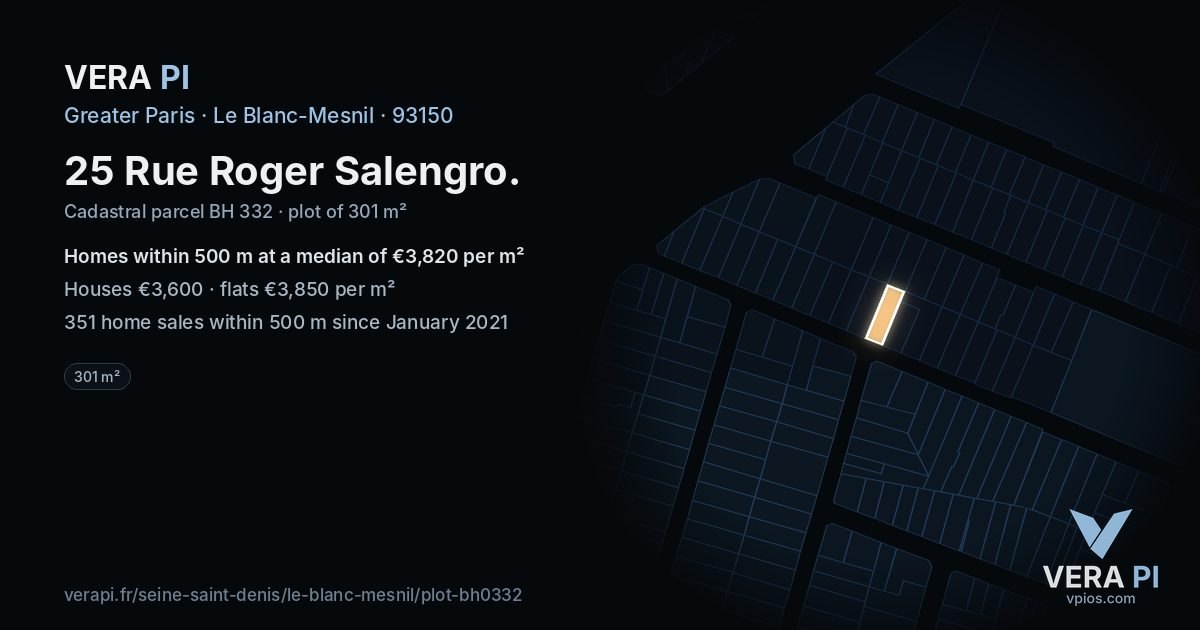 25 Rue Roger Salengro, Le Blanc-Mesnil at night – the plot lit, the parcels around coloured by the prices near them