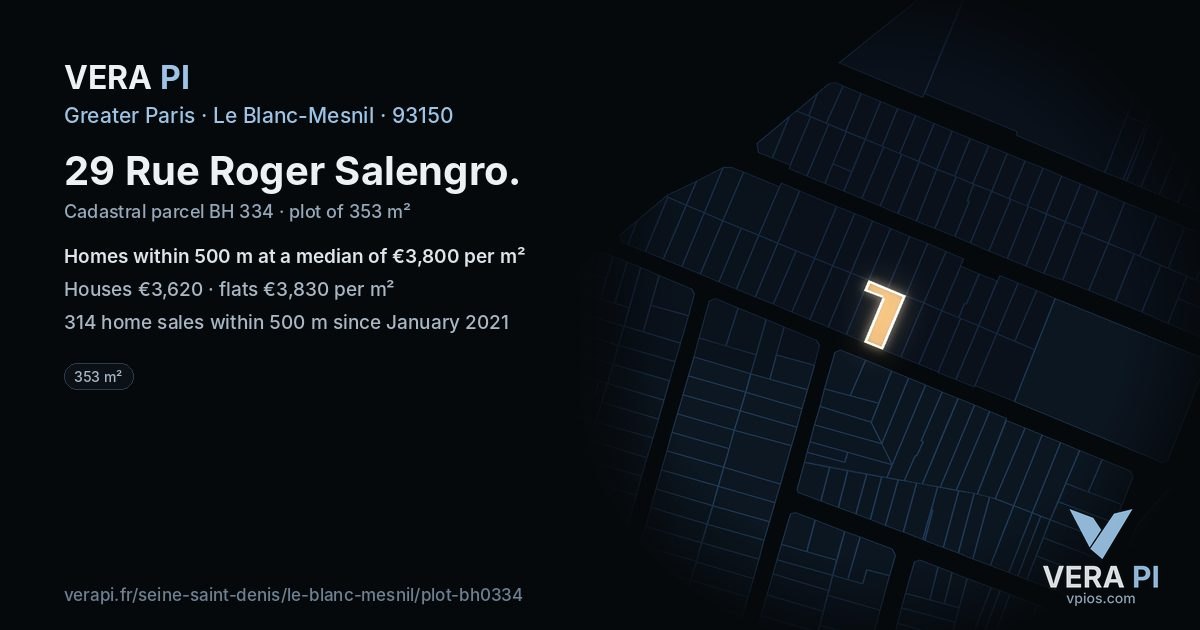 29 Rue Roger Salengro, Le Blanc-Mesnil at night – the plot lit, the parcels around coloured by the prices near them