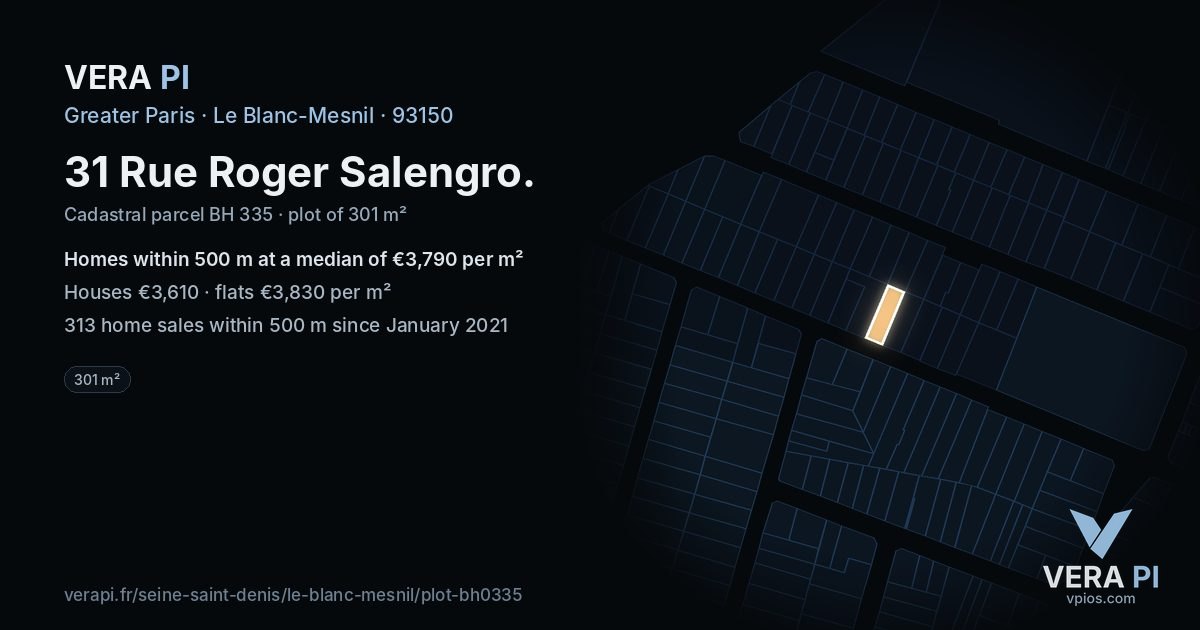 31 Rue Roger Salengro, Le Blanc-Mesnil at night – the plot lit, the parcels around coloured by the prices near them