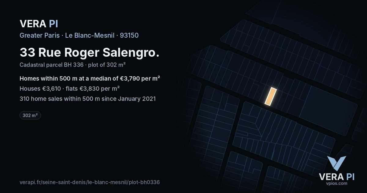 33 Rue Roger Salengro, Le Blanc-Mesnil at night – the plot lit, the parcels around coloured by the prices near them
