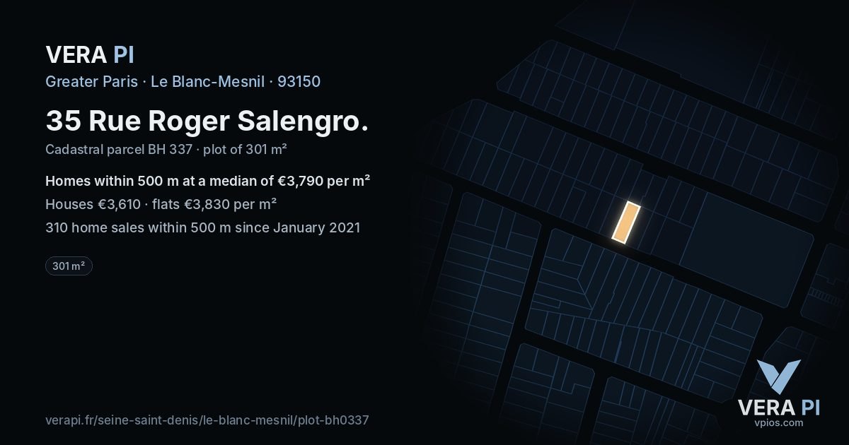 35 Rue Roger Salengro, Le Blanc-Mesnil at night – the plot lit, the parcels around coloured by the prices near them