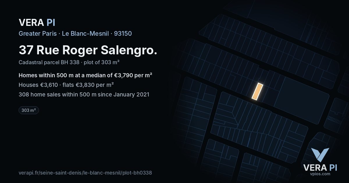 37 Rue Roger Salengro, Le Blanc-Mesnil at night – the plot lit, the parcels around coloured by the prices near them