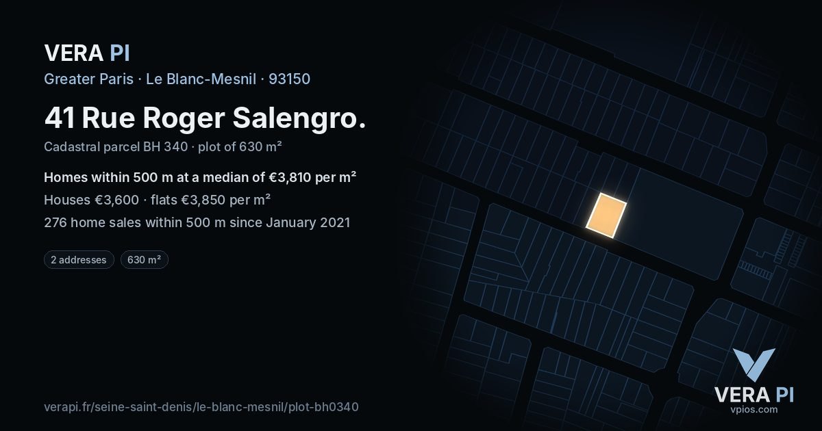 41 Rue Roger Salengro, Le Blanc-Mesnil at night – the plot lit, the parcels around coloured by the prices near them