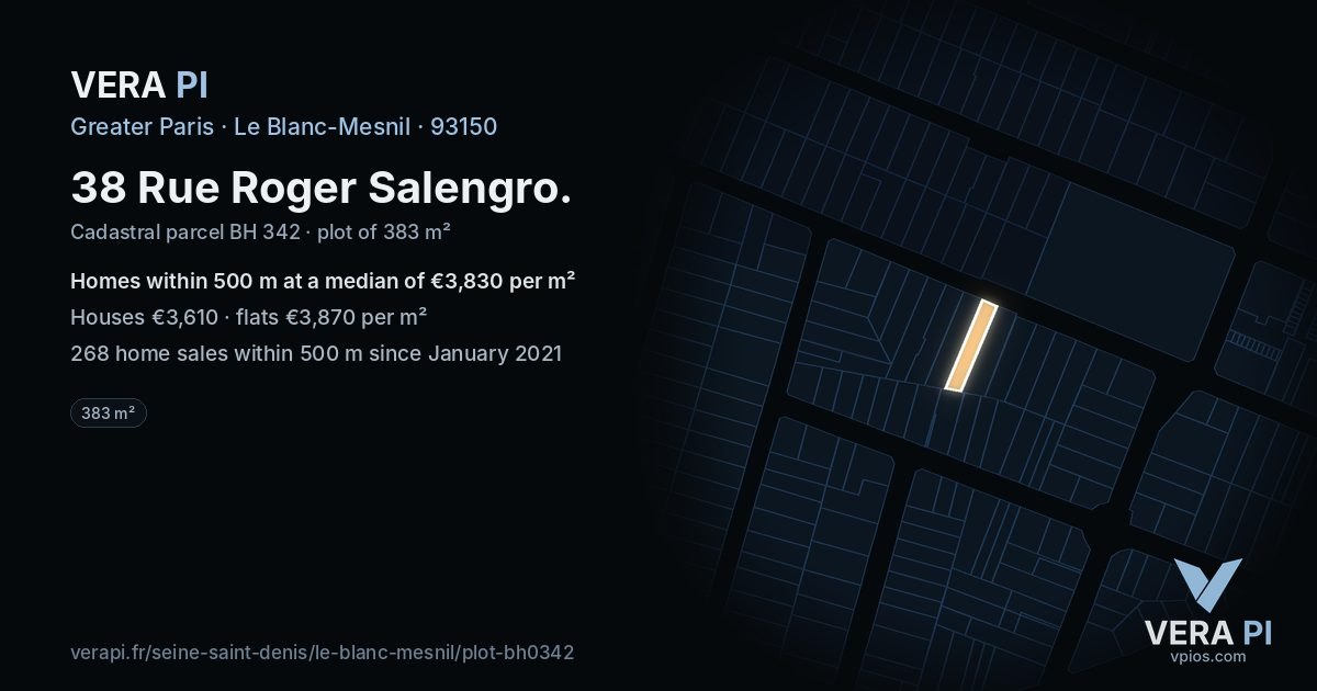 38 Rue Roger Salengro, Le Blanc-Mesnil at night – the plot lit, the parcels around coloured by the prices near them