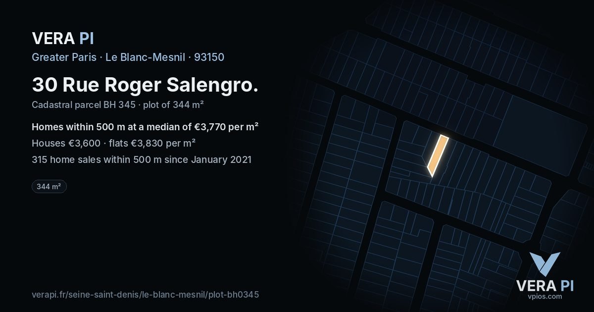 30 Rue Roger Salengro, Le Blanc-Mesnil at night – the plot lit, the parcels around coloured by the prices near them