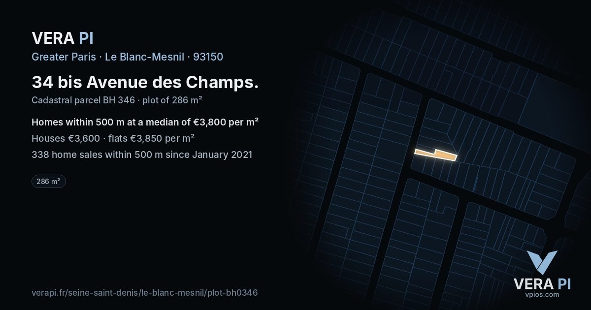 34 bis Avenue des Champs, Le Blanc-Mesnil at night – the plot lit, the parcels around coloured by the prices near them