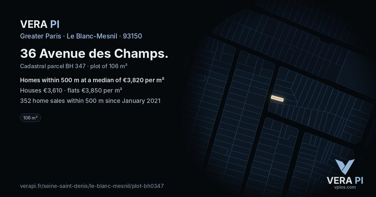 36 Avenue des Champs, Le Blanc-Mesnil at night – the plot lit, the parcels around coloured by the prices near them