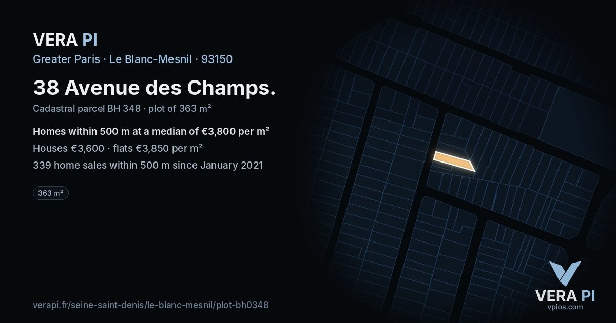 38 Avenue des Champs, Le Blanc-Mesnil at night – the plot lit, the parcels around coloured by the prices near them