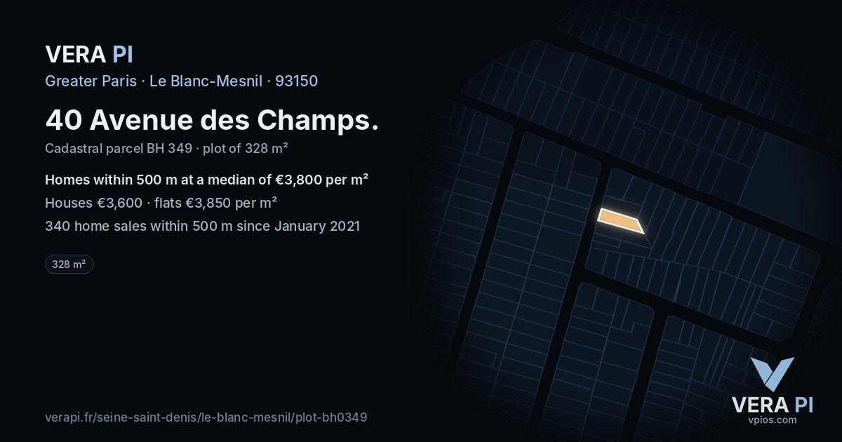 40 Avenue des Champs, Le Blanc-Mesnil at night – the plot lit, the parcels around coloured by the prices near them