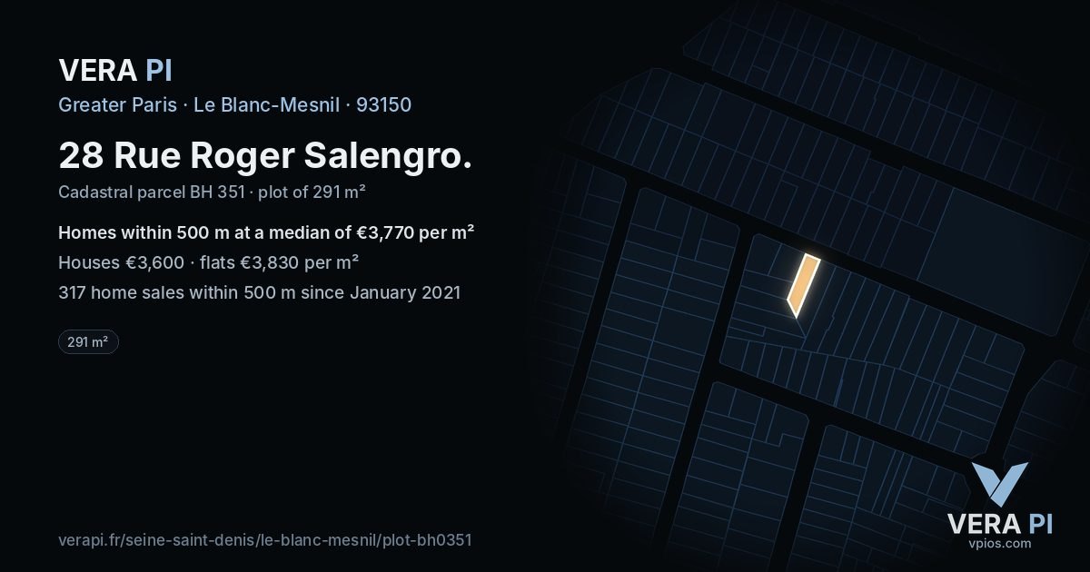 28 Rue Roger Salengro, Le Blanc-Mesnil at night – the plot lit, the parcels around coloured by the prices near them
