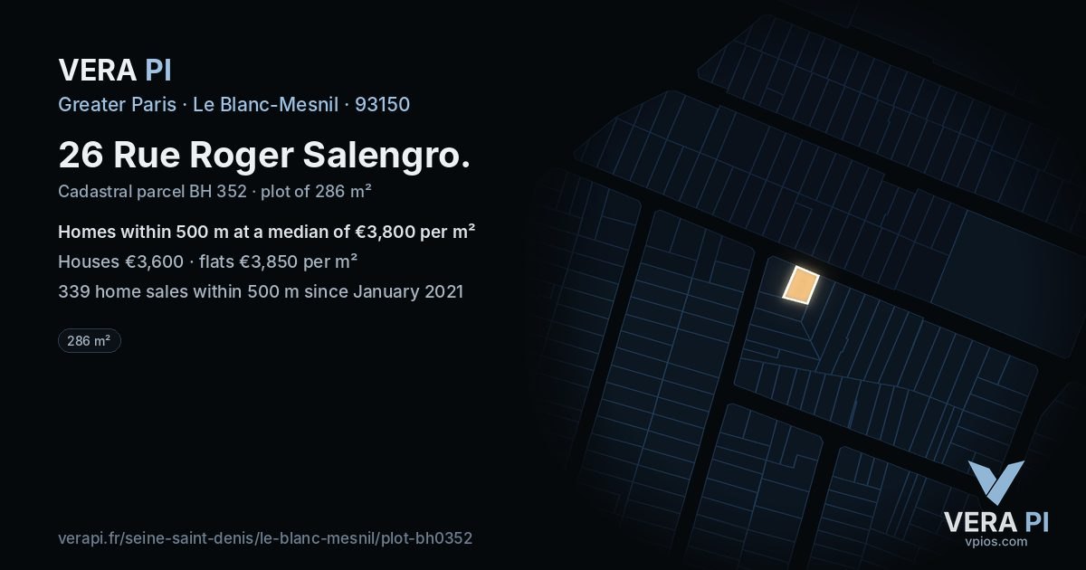 26 Rue Roger Salengro, Le Blanc-Mesnil at night – the plot lit, the parcels around coloured by the prices near them