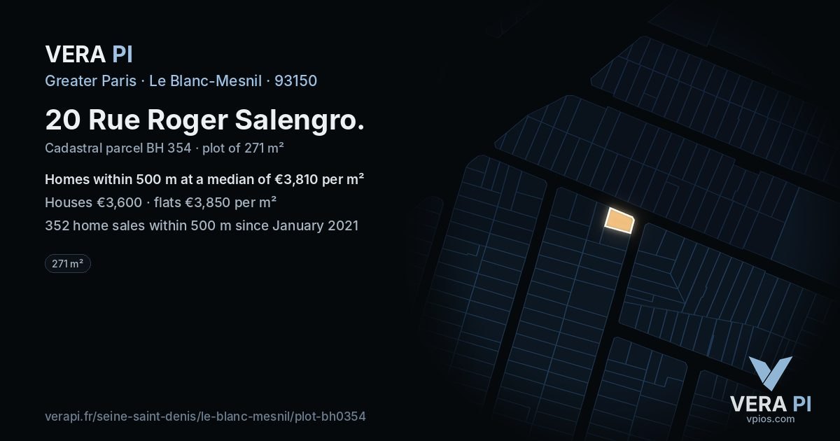 20 Rue Roger Salengro, Le Blanc-Mesnil at night – the plot lit, the parcels around coloured by the prices near them