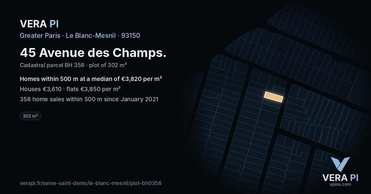 45 Avenue des Champs, Le Blanc-Mesnil at night – the plot lit, the parcels around coloured by the prices near them