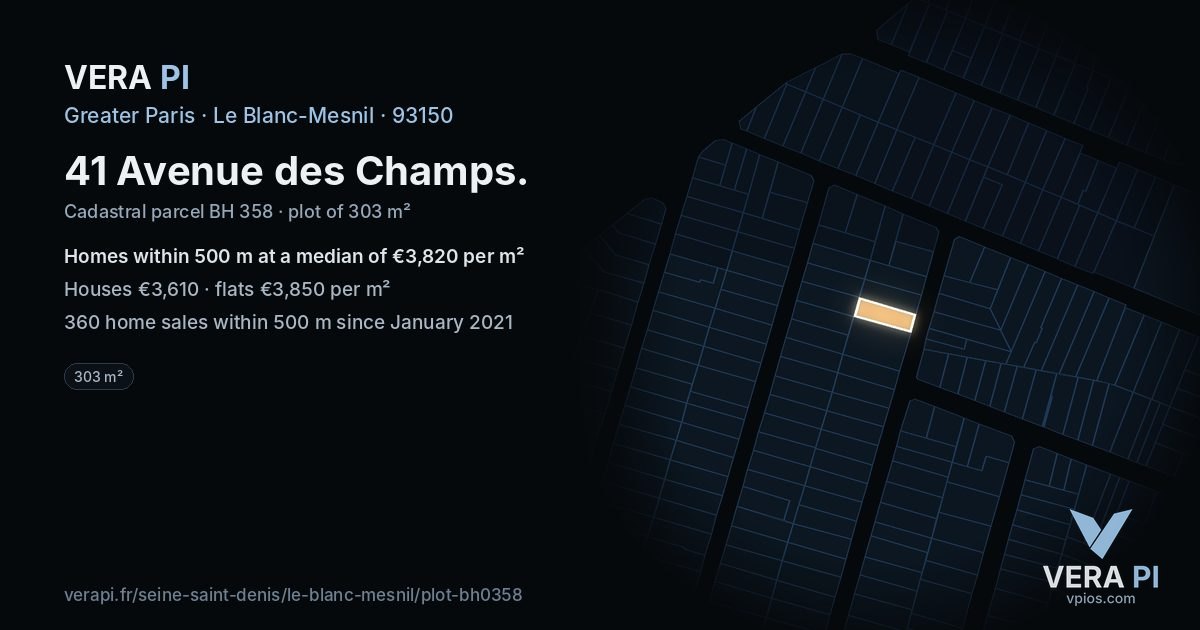 41 Avenue des Champs, Le Blanc-Mesnil at night – the plot lit, the parcels around coloured by the prices near them