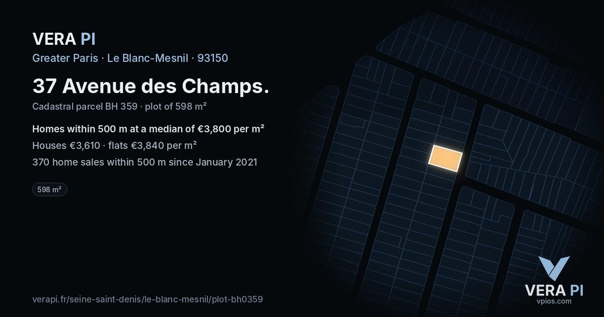 37 Avenue des Champs, Le Blanc-Mesnil at night – the plot lit, the parcels around coloured by the prices near them