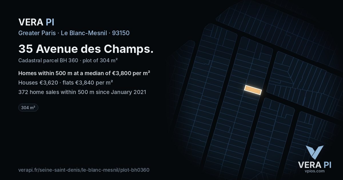 35 Avenue des Champs, Le Blanc-Mesnil at night – the plot lit, the parcels around coloured by the prices near them