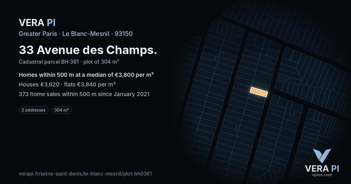 33 Avenue des Champs, Le Blanc-Mesnil at night – the plot lit, the parcels around coloured by the prices near them
