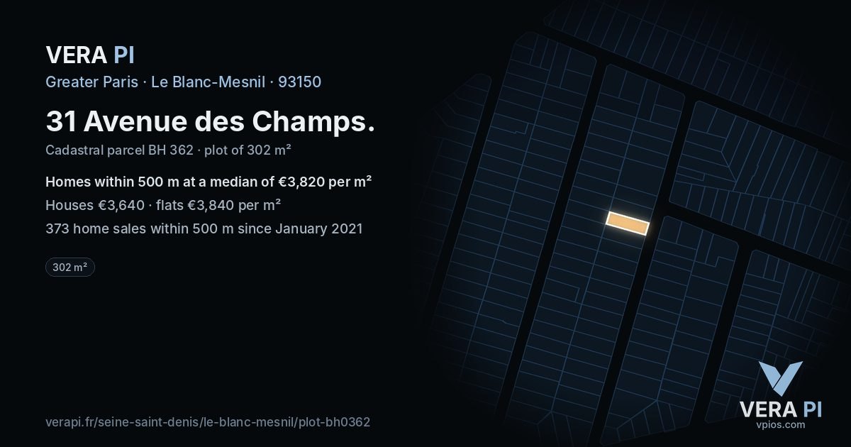 31 Avenue des Champs, Le Blanc-Mesnil at night – the plot lit, the parcels around coloured by the prices near them