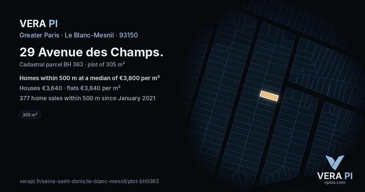29 Avenue des Champs, Le Blanc-Mesnil at night – the plot lit, the parcels around coloured by the prices near them