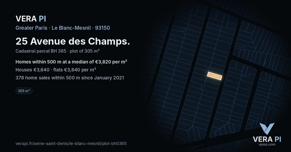 25 Avenue des Champs, Le Blanc-Mesnil at night – the plot lit, the parcels around coloured by the prices near them