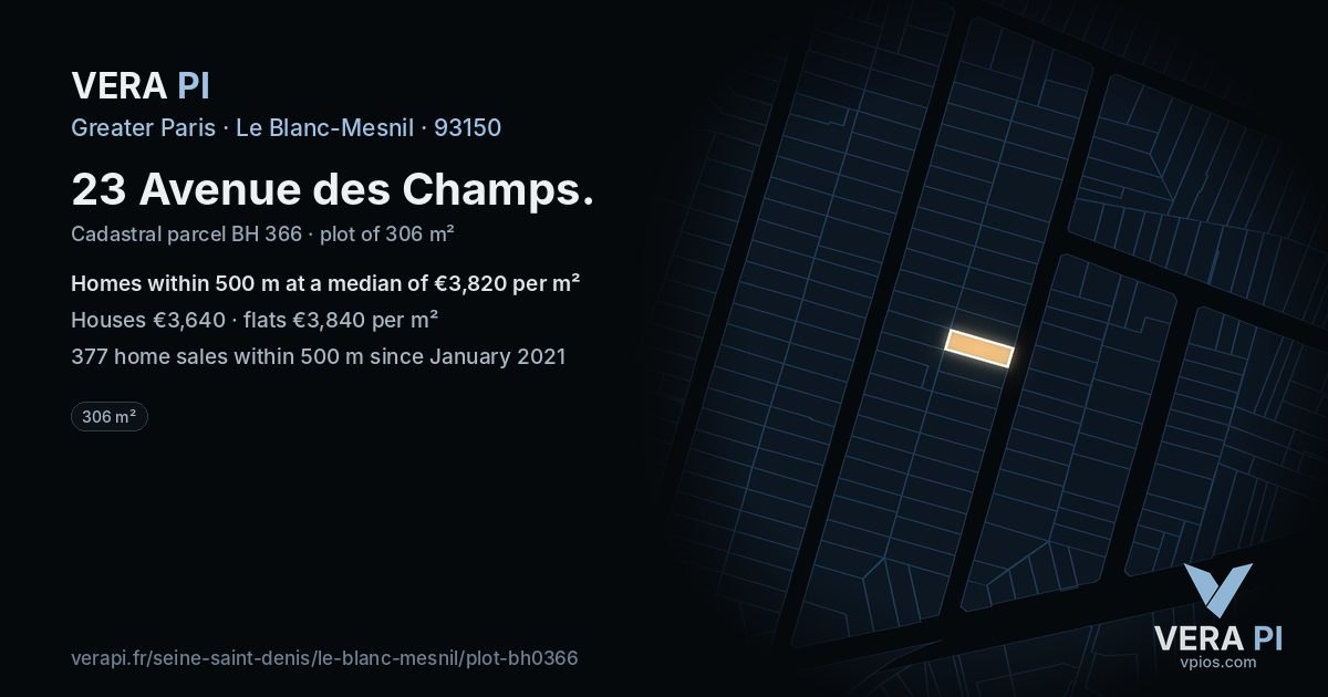 23 Avenue des Champs, Le Blanc-Mesnil at night – the plot lit, the parcels around coloured by the prices near them